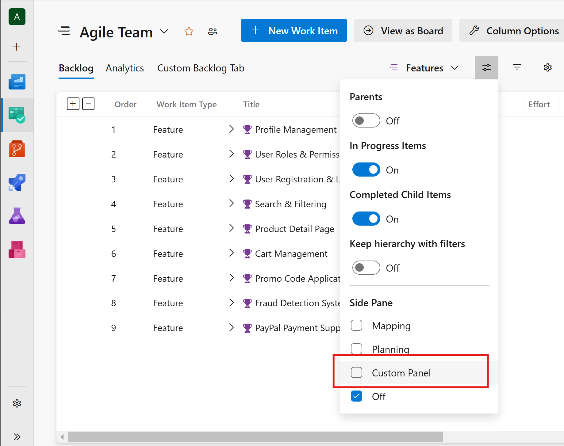 Открытие расширения панели в разделе списка историй Azure DevOps Services