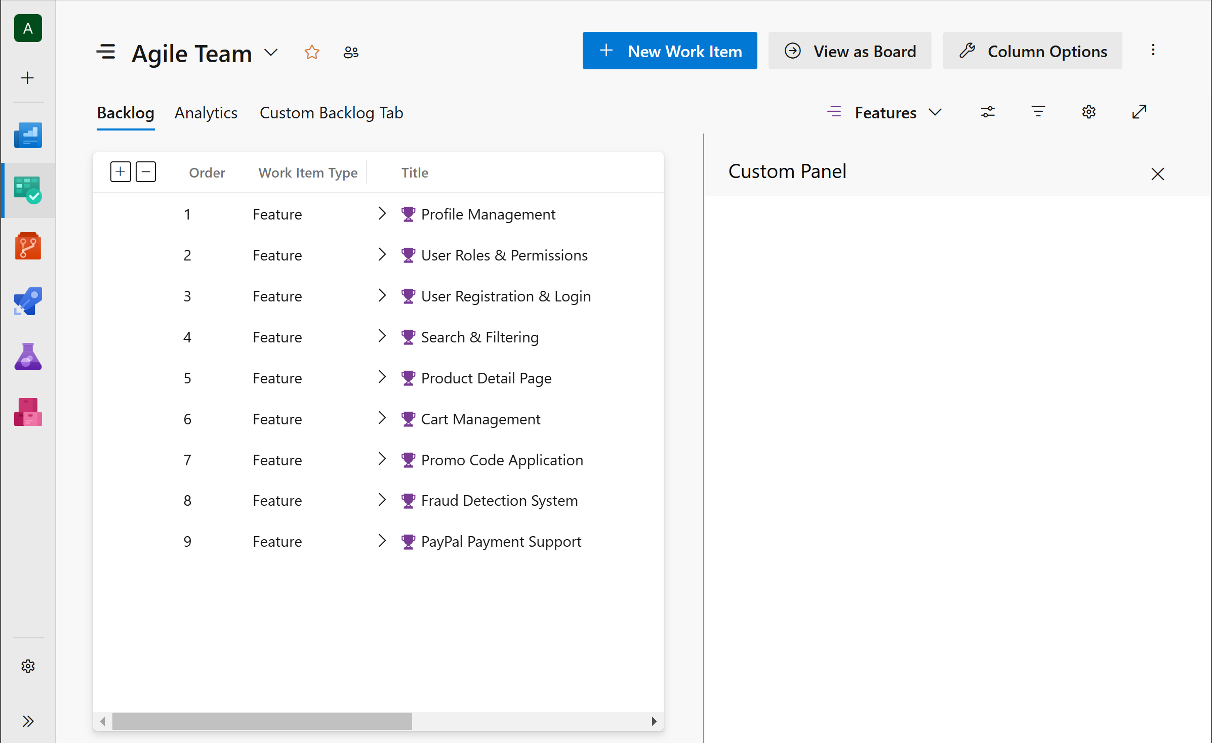 Расширение панели на странице невыполненной работы с портфелем Azure DevOps Services