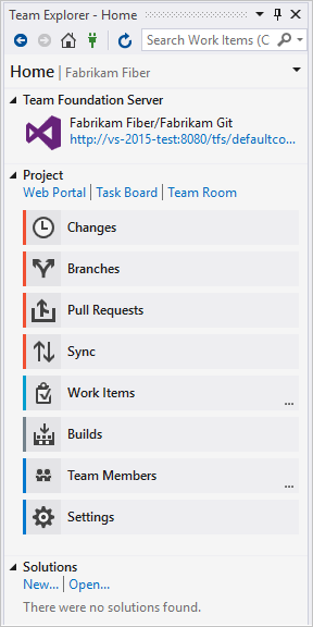 Снимок экрана: домашняя страница Team Explorer с Git в качестве системы управления версиями.
