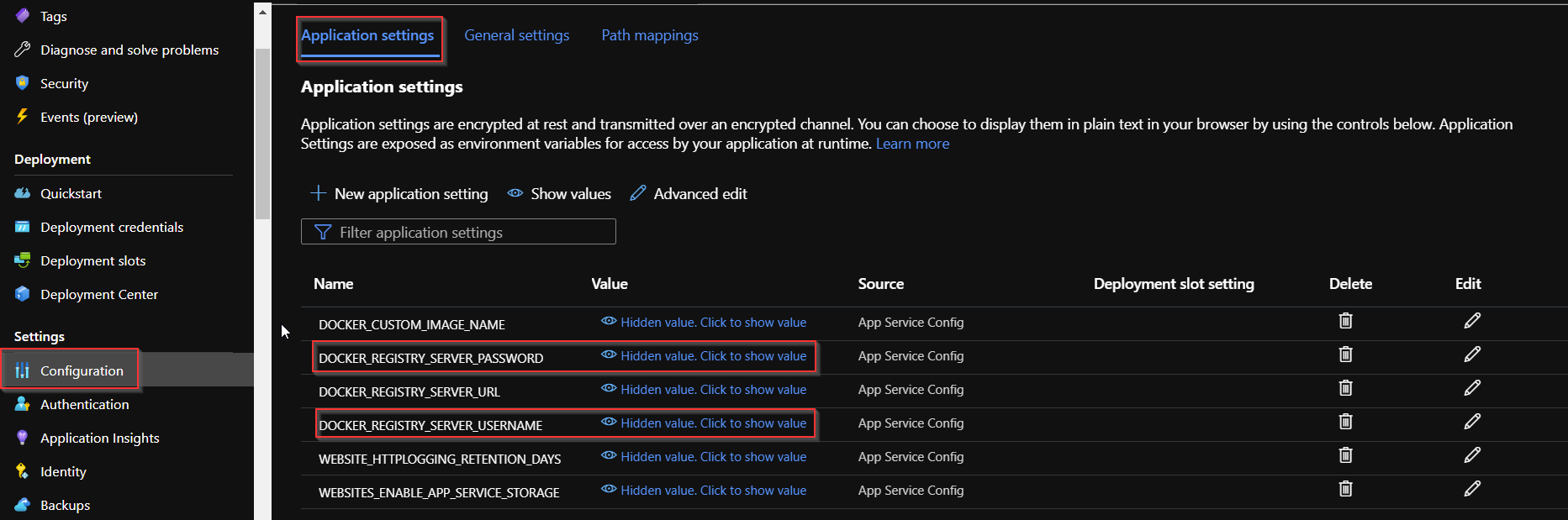 Снимок экрана: портал Azure, показывающий, как найти учетные данные реестра Docker.