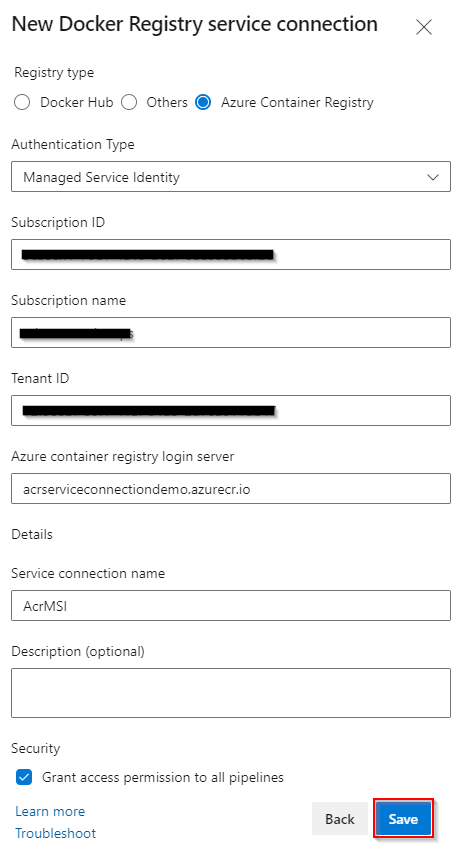 A screenshot showing how to set up a docker registry service connection MSI.