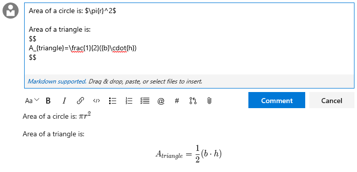 Комментарий в запросу на вытягивание с разметкой Markdown и математическими выражениями