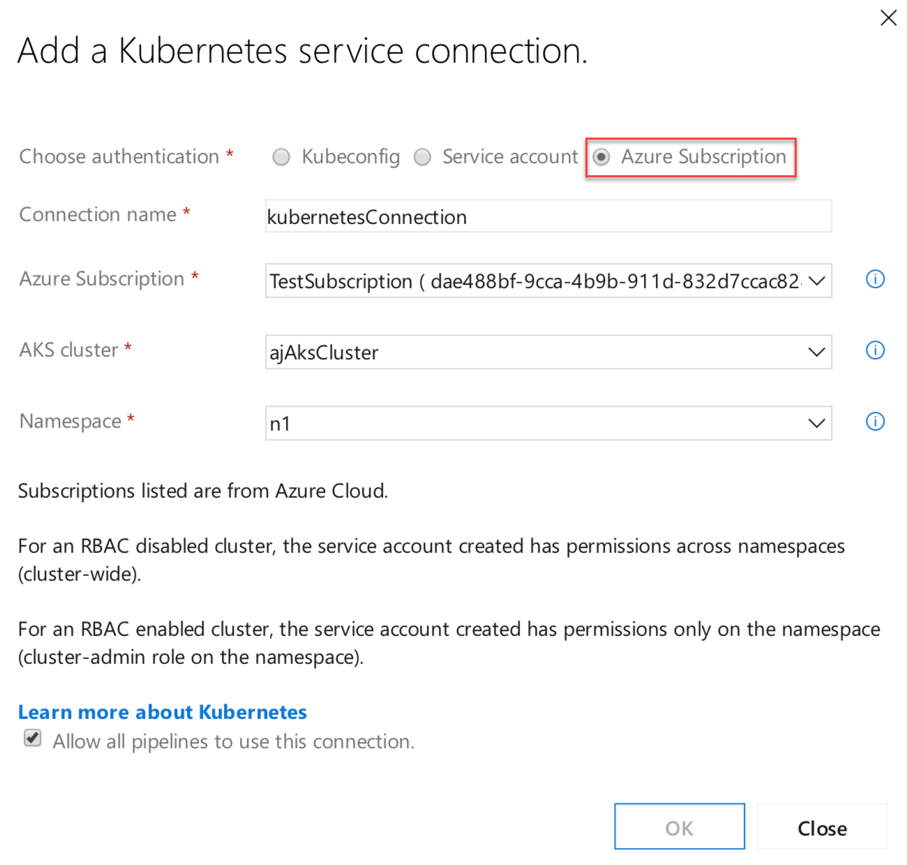 Новый параметр подписки Azure в подключении службы Kubernetes.