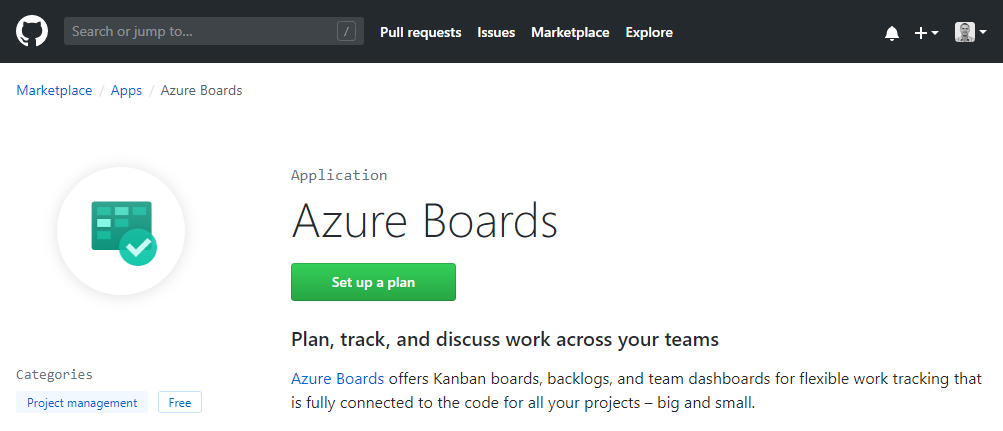Приложение GitHub Marketplace Azure Boards.
