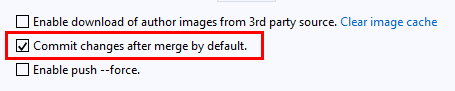 Снимок экрана: проверка box для фиксации изменений после слияния по умолчанию в Team Обозреватель в Visual Studio 2019.