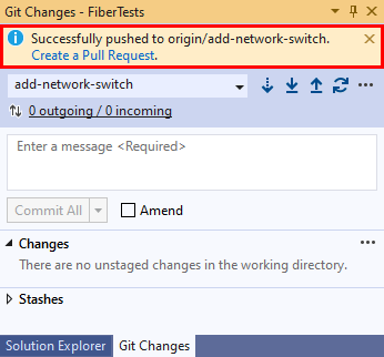 Снимок экрана: сообщение подтверждения отправки в Visual Studio.
