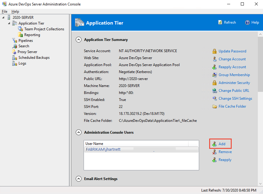 Screenshot of the 2020 Server Administration Console with the Add option highlighted.