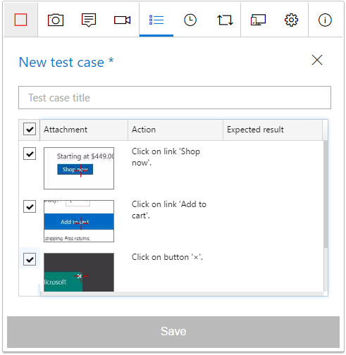 Screenshot showing the actions for the new test case.
