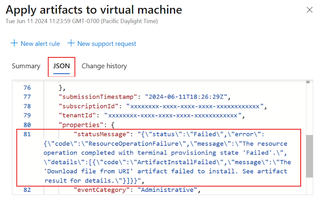 Снимок экрана: просмотр сведений JSON для записи журнала действий для артефакта с ошибкой.