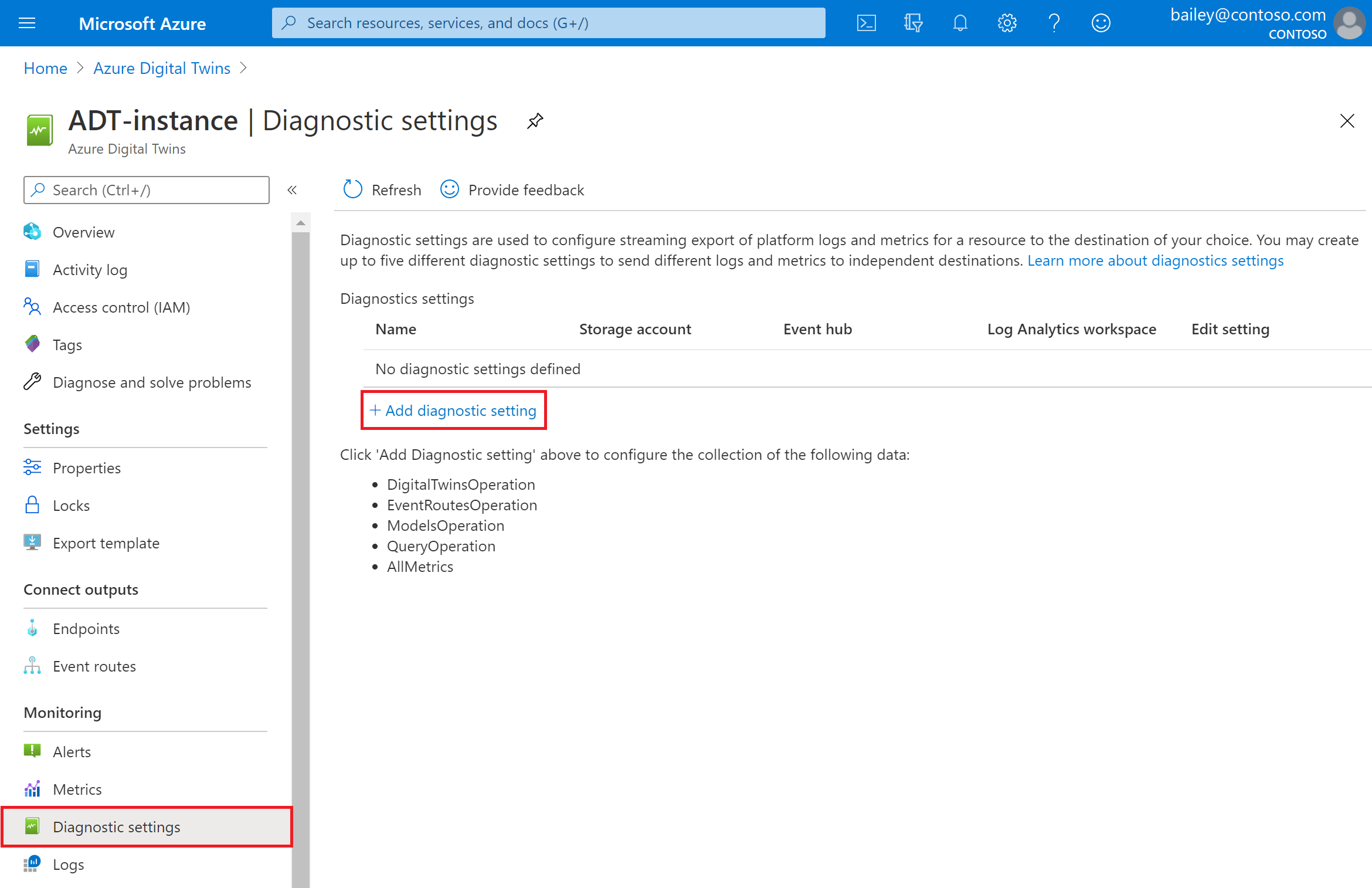 Screenshot showing the diagnostic settings page in the Azure portal and button to add.