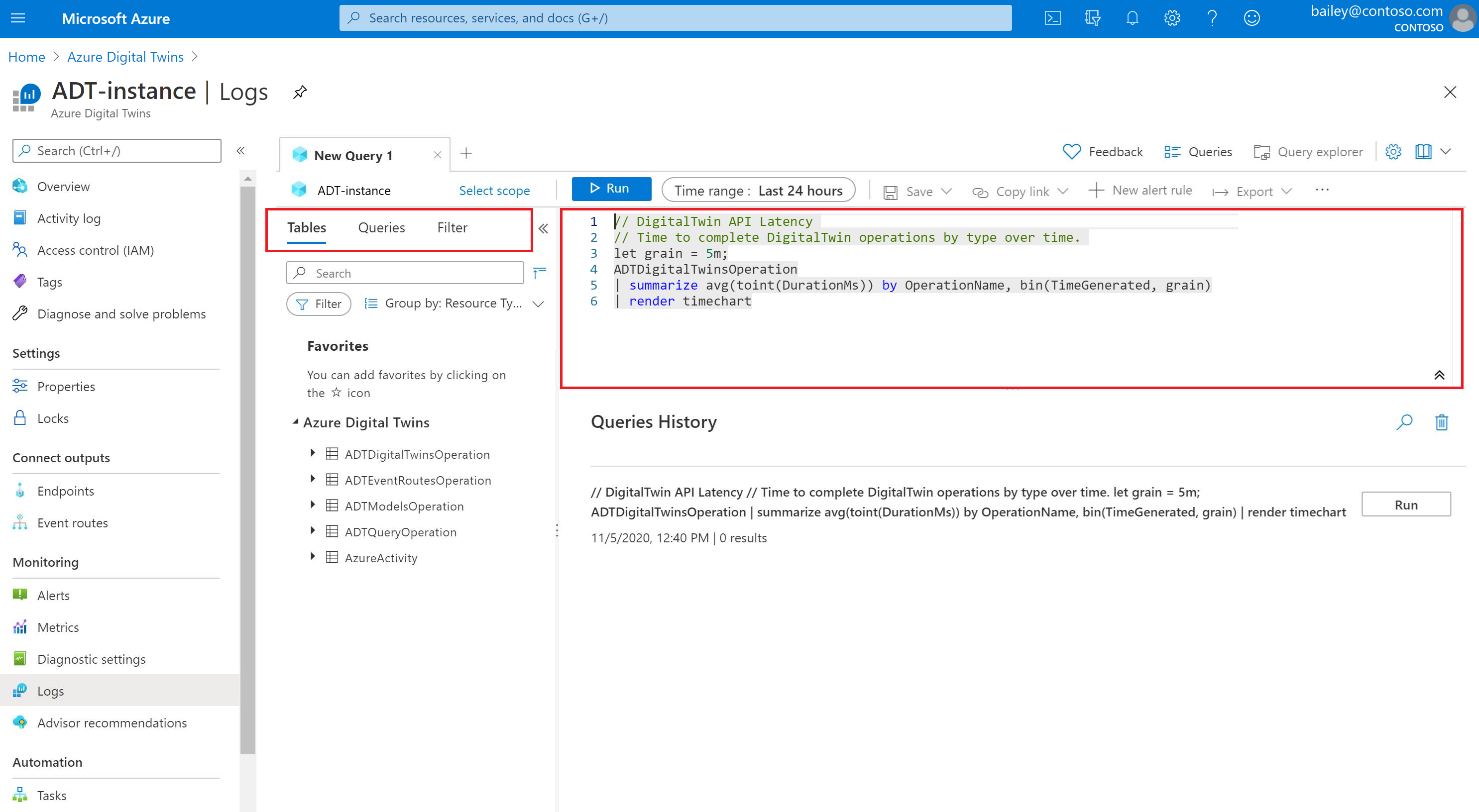 Screenshot showing the Logs page for an Azure Digital Twins instance in the Azure portal. It includes a list of logs, query code, and Queries History.