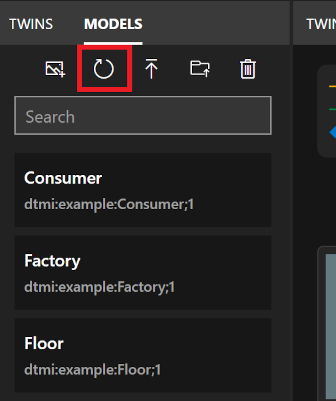 Screenshot of Azure Digital Twins Explorer Models panel. The Refresh models icon is highlighted.