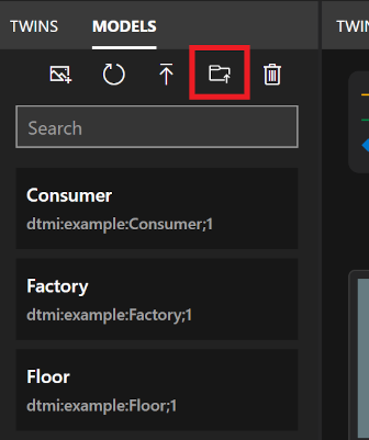 Screenshot of Azure Digital Twins Explorer Models panel. The Upload a directory of Models icon is highlighted.