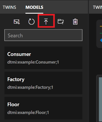 Screenshot of Azure Digital Twins Explorer Models panel. The Upload a model icon is highlighted.