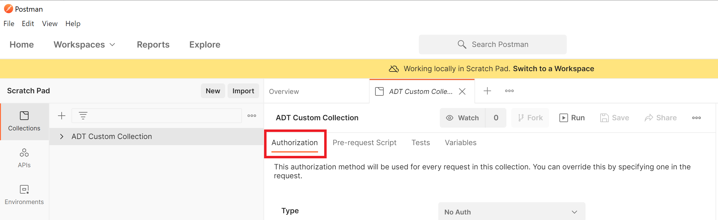 Screenshot of the new collection's edit dialog in Postman, showing the 'Authorization' tab.