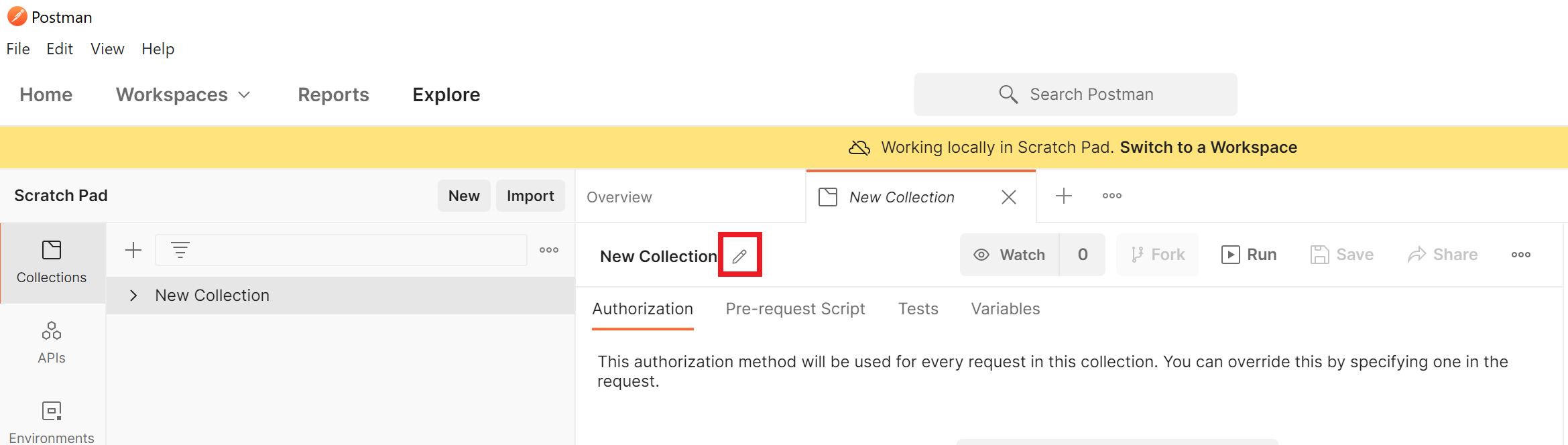 Screenshot of the new collection's edit dialog in Postman. The Edit icon next to the name 'New Collection' is highlighted.