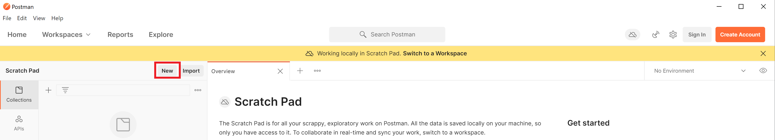 Screenshot of the main Postman window. The 'New' button is highlighted.
