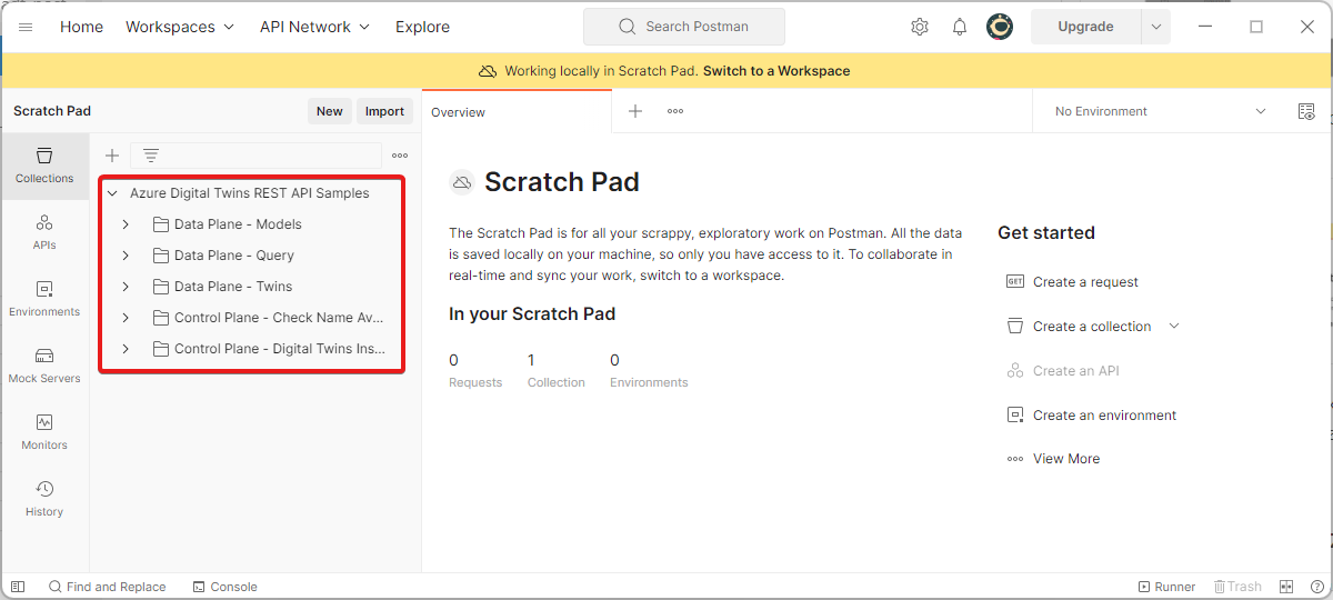 Screenshot of the main Postman window. The newly imported collection is highlighted in the 'Collections' tab.