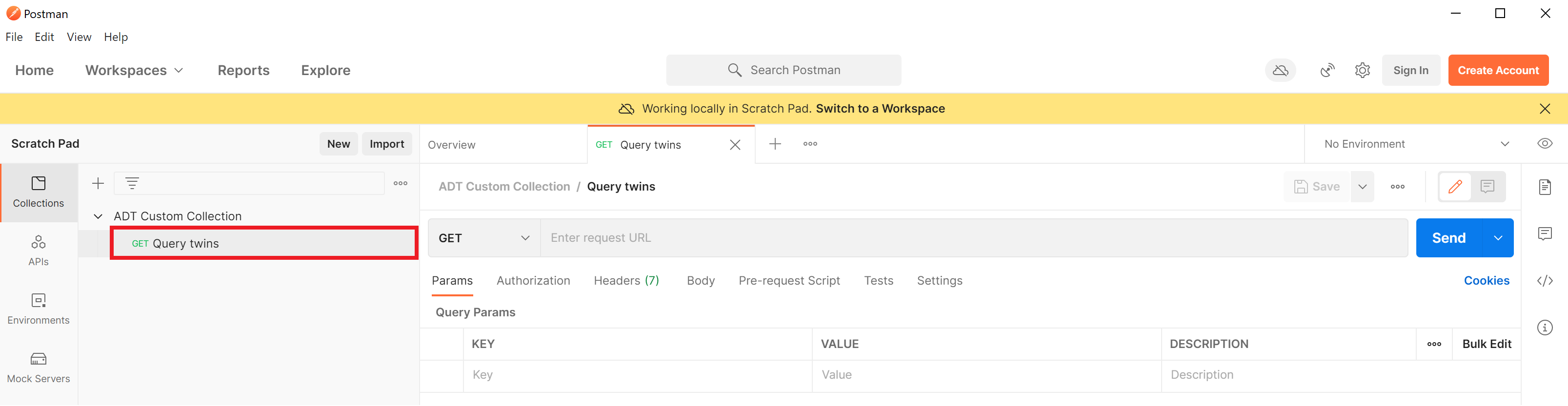 Screenshot of Postman. The Azure Digital Twins collection is expanded to show the request's details.