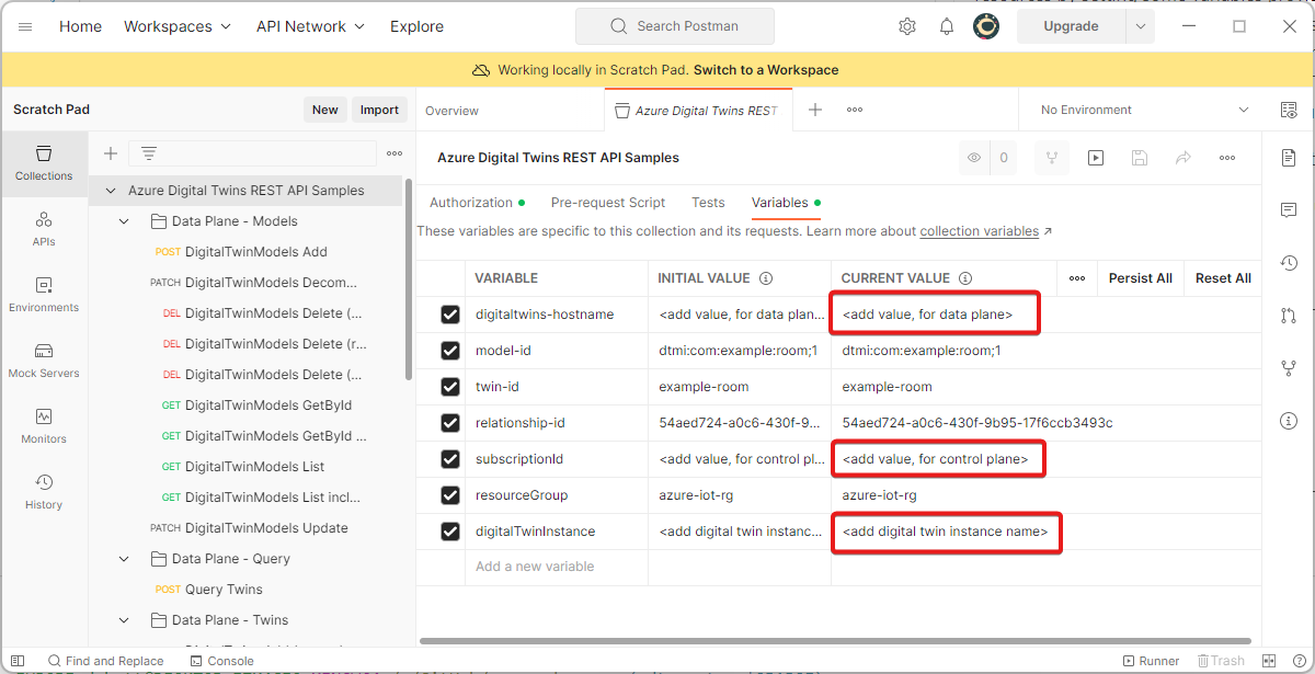 Screenshot of the imported collection's edit dialog in Postman, showing the 'Variables' tab. The 'CURRENT VALUE' field is highlighted.