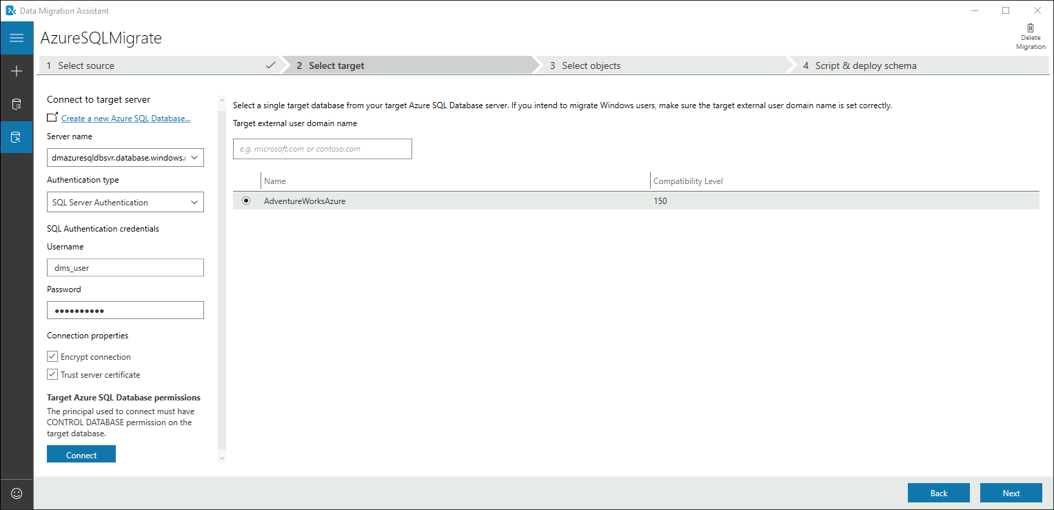 Data Migration Assistant Target Connection Details