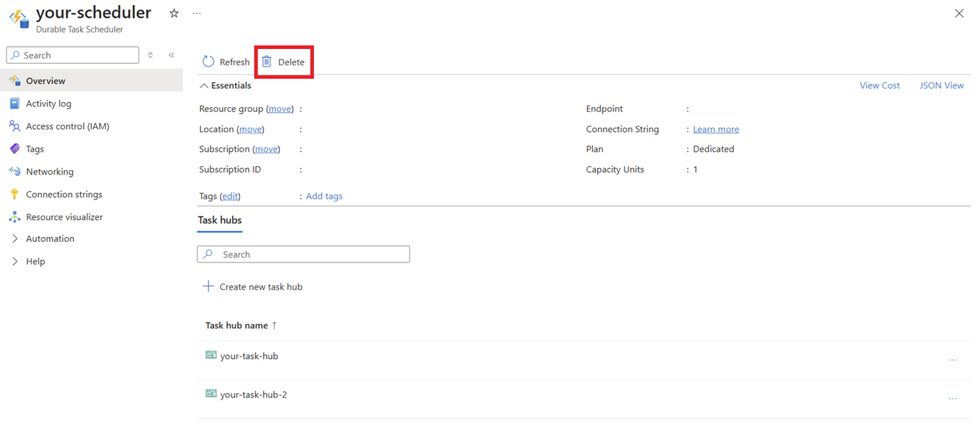 Скриншот ресурса планировщика в портале с выделенной кнопкой удаления.