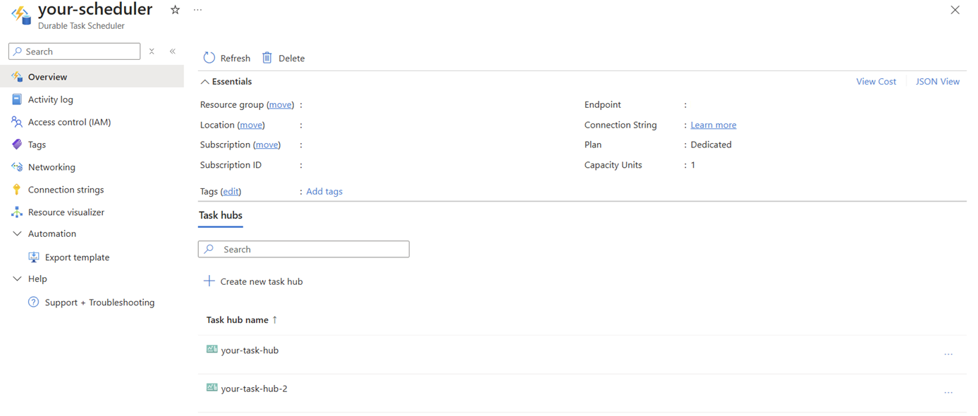 Снимок экрана вкладки обзора Durable Task Scheduler на портале.