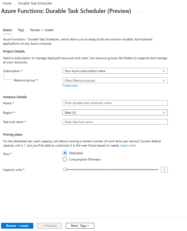 Снимок экрана: страница создания для планировщика устойчивых задач.