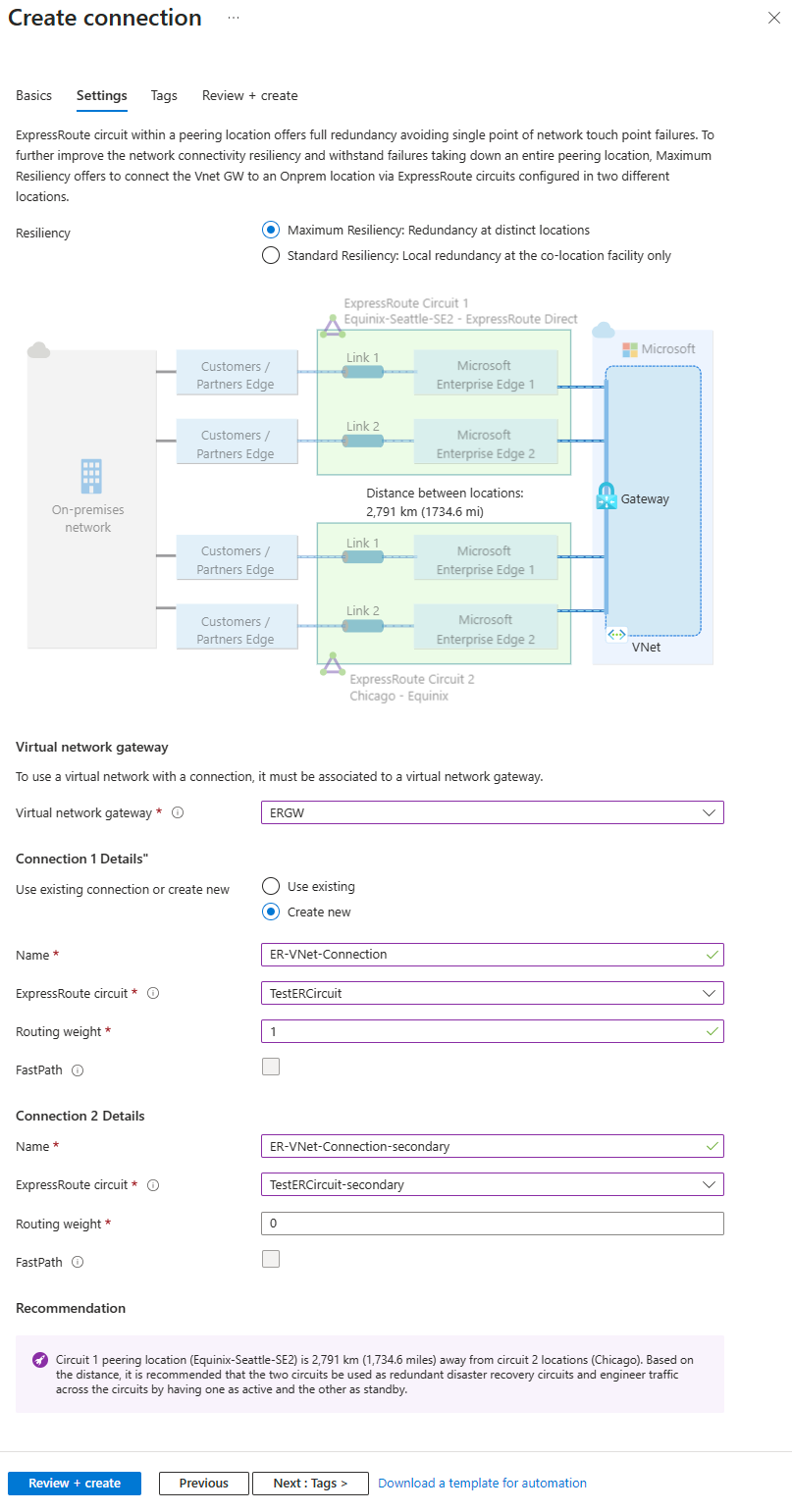 Снимок экрана: страница параметров для максимальной устойчивости подключений ExpressRoute к шлюзу виртуальной сети.