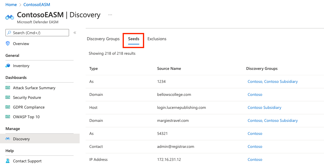 Screenshot that shows the Seeds view of a discovery page.