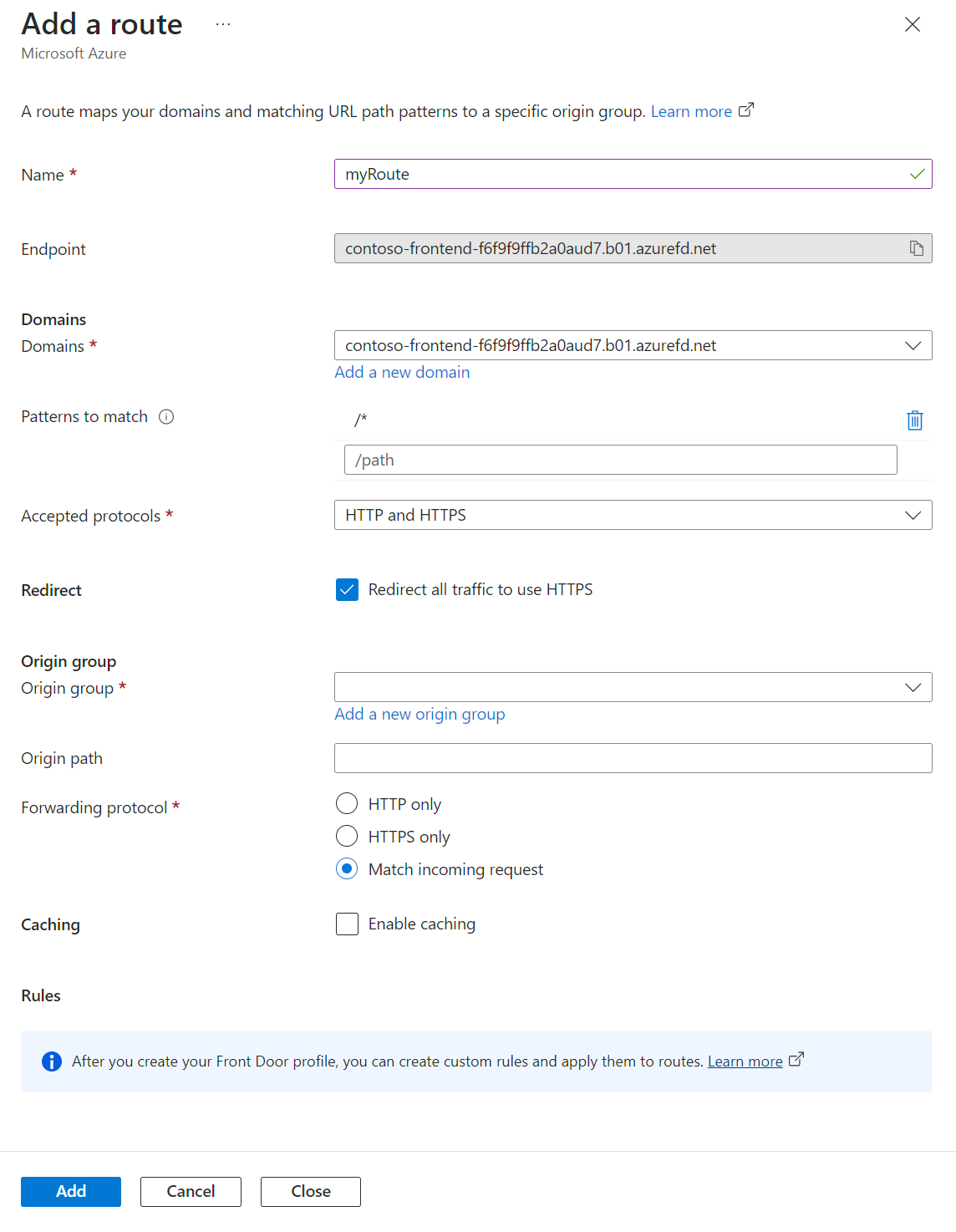 Снимок экрана страницы добавленного маршрута для нового профиля Azure Front Door.