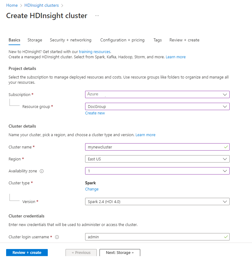 Screenshot shows Create HDInsight cluster with the Basics tab selected.