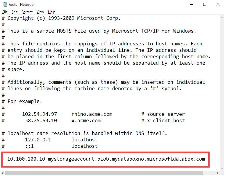 Снимок экрана: документ в Блокноте с добавленным IP-адресом и конечной точкой службы BLOB-объектов.