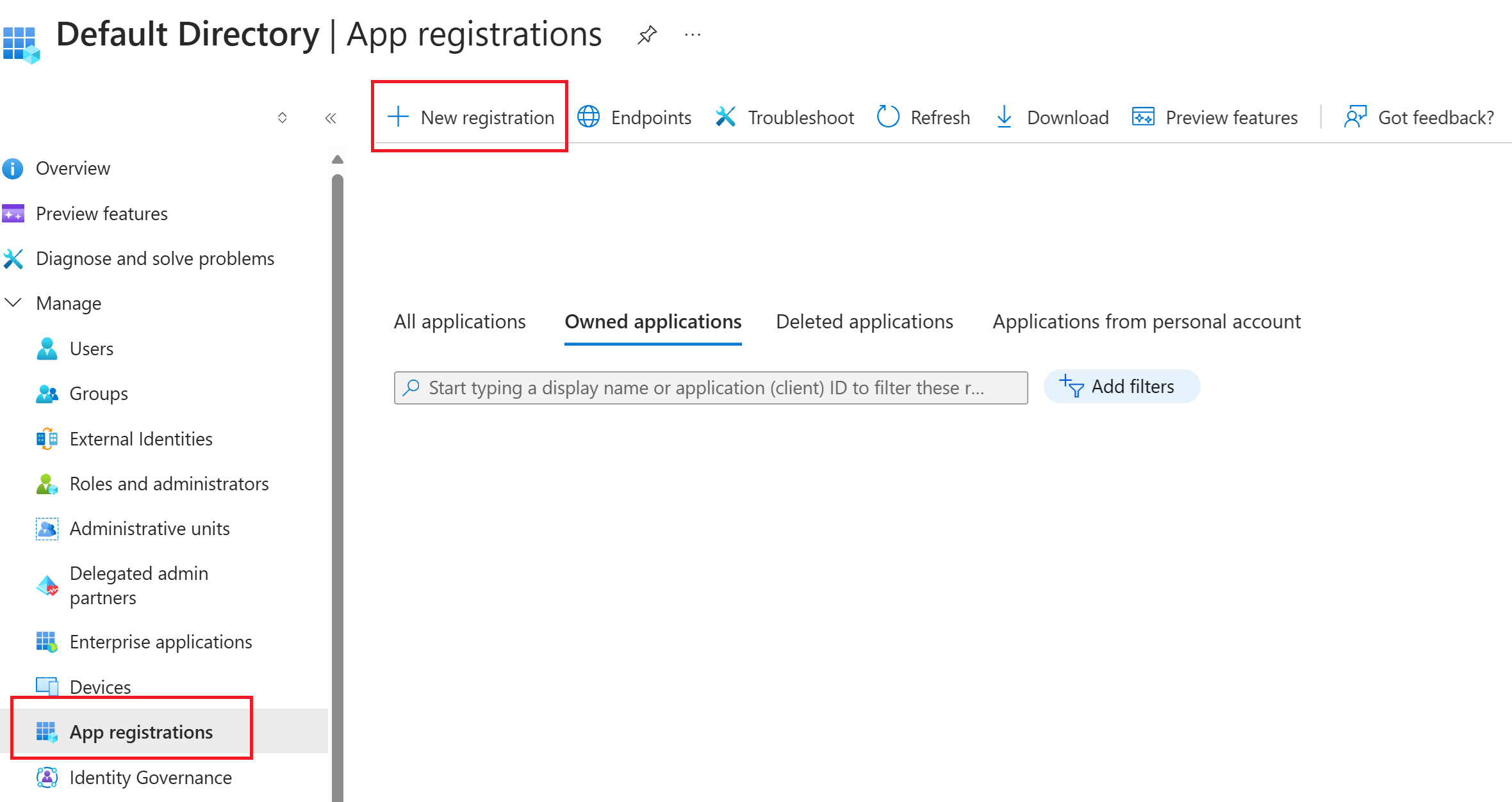 Снимок экрана: страница регистрации приложений с выбранной новой регистрацией.