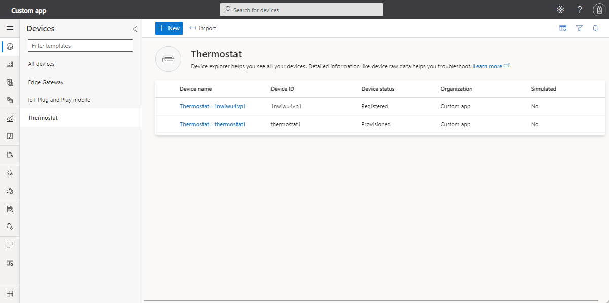 Screenshot that shows the list of Thermostat devices.