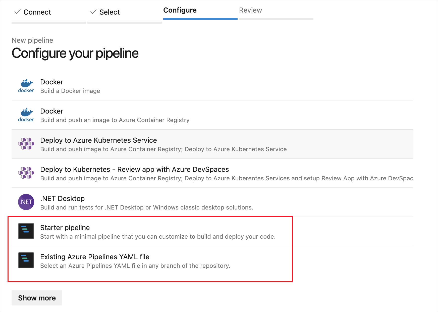 Выберите начальный конвейер или существующий файл YAML Azure Pipelines, чтобы начать конвейер сборки.