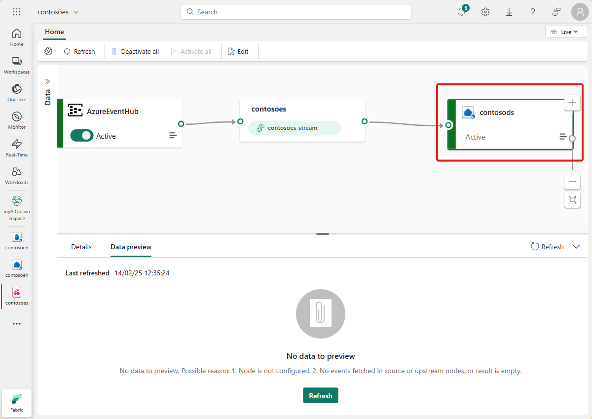 Снимок экрана: поток событий с данными в месте назначения базы данных KQL.