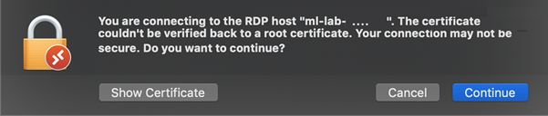 Screenshot of certificate error for Microsoft Remote Desktop app.