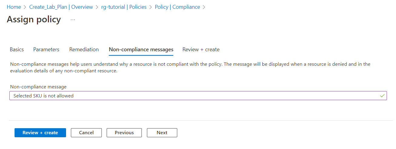 Screenshot showing the Non-compliance tab with an example noncompliance message.