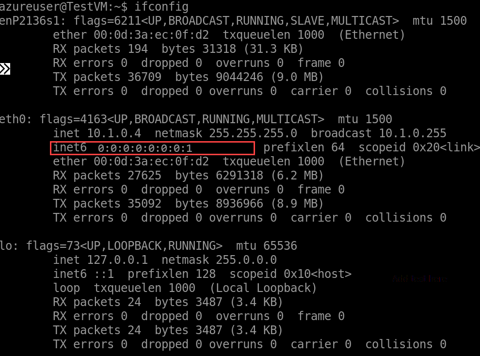 Снимок экрана: ifconfig с IP-адресом IPv6.