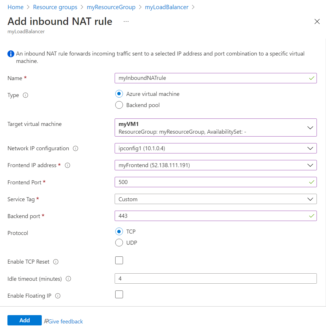 Screenshot of the create inbound NAT rule page