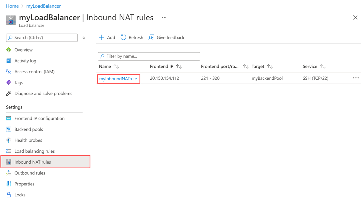Screenshot of inbound NAT rule page.