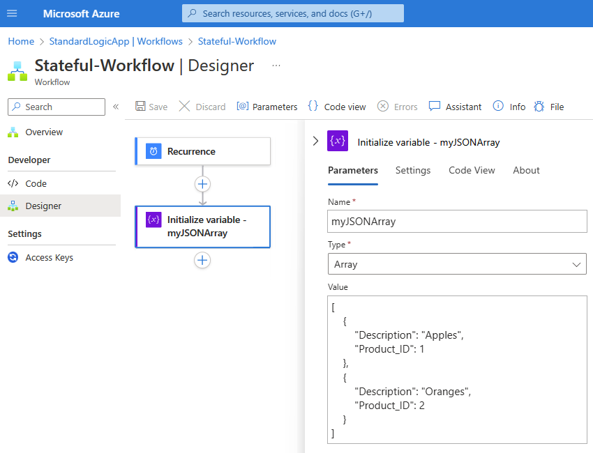 Screenshot showing the Azure portal and the designer with a sample Standard workflow for the 