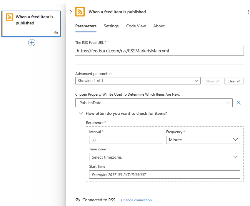 Screenshot shows the RSS trigger settings, including RSS URL, frequency, and interval.