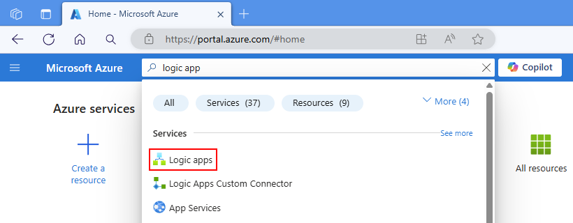 Screenshot shows Azure portal search box with the words, logic apps, and shows the selection, Logic apps.