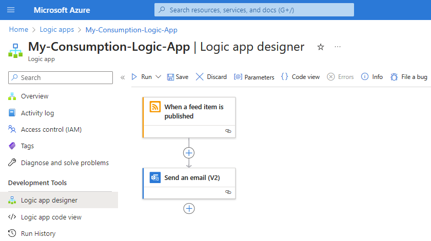 Screenshot shows example workflow with RSS trigger named When a feed item is published, and with the Outlook action named Send an email.