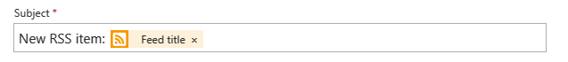 Screenshot shows action named Send an email, with example email subject and included value for property named Feed title.