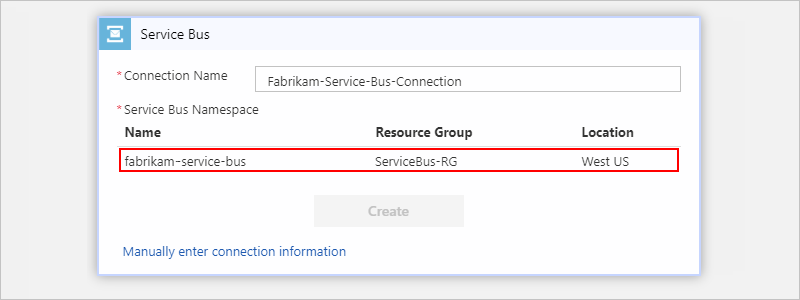 Введите имя подключения и выберите пространство имен служебной шины Microsoft Azure