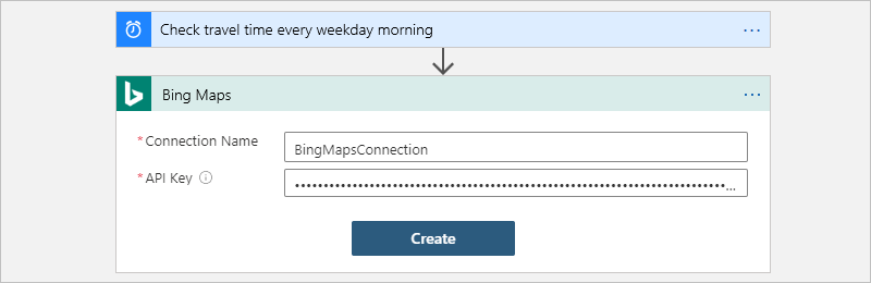 Снимок экрана, на котором показано окно подключения к Картам Bing с указанным именем подключения и ключом API Карт Bing.