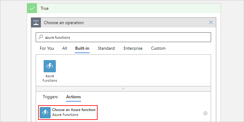 Снимок экрана: выбранное действие с именем Выбор функции Azure.